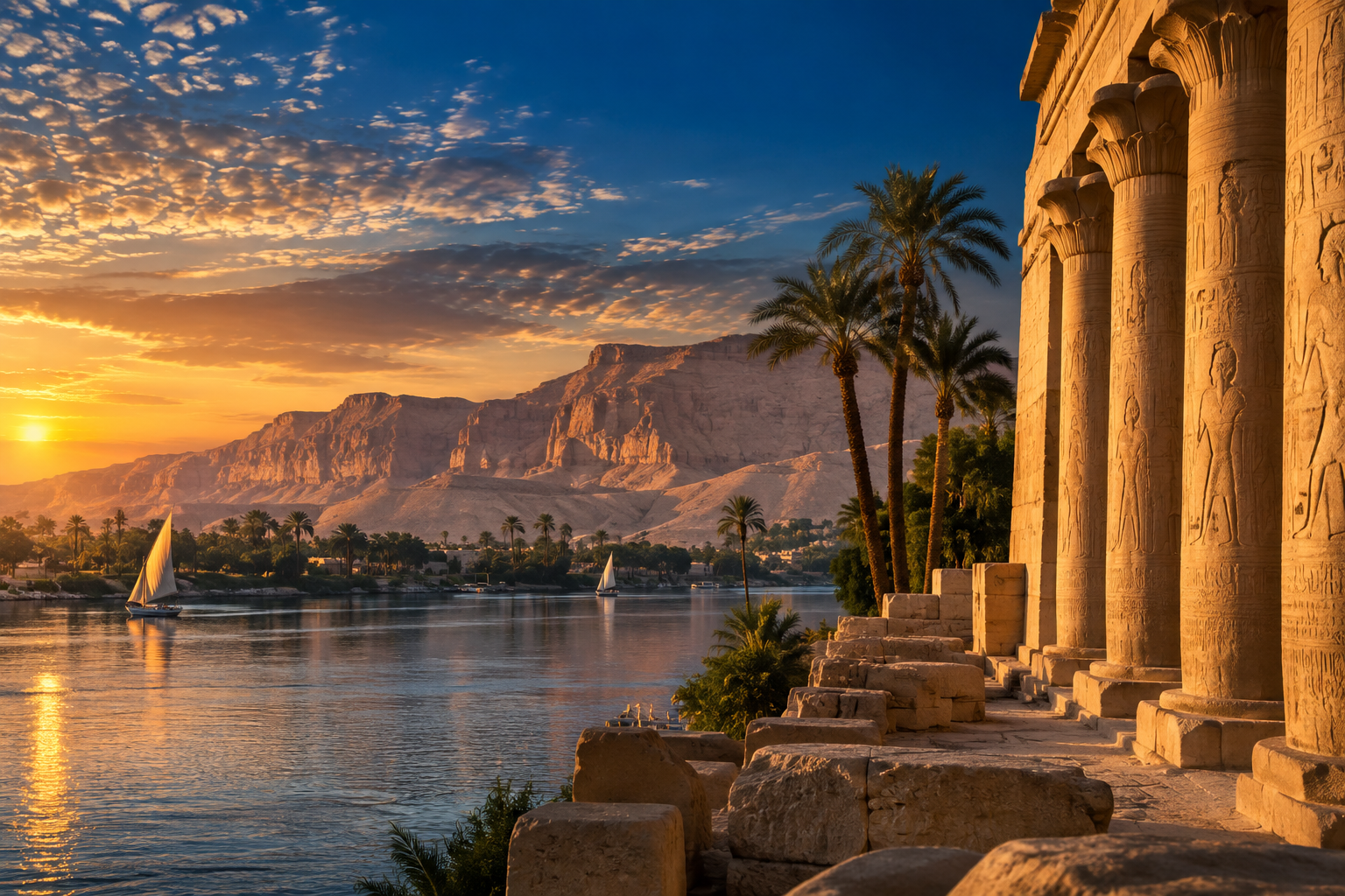 Luxor und Nil im Abendlicht